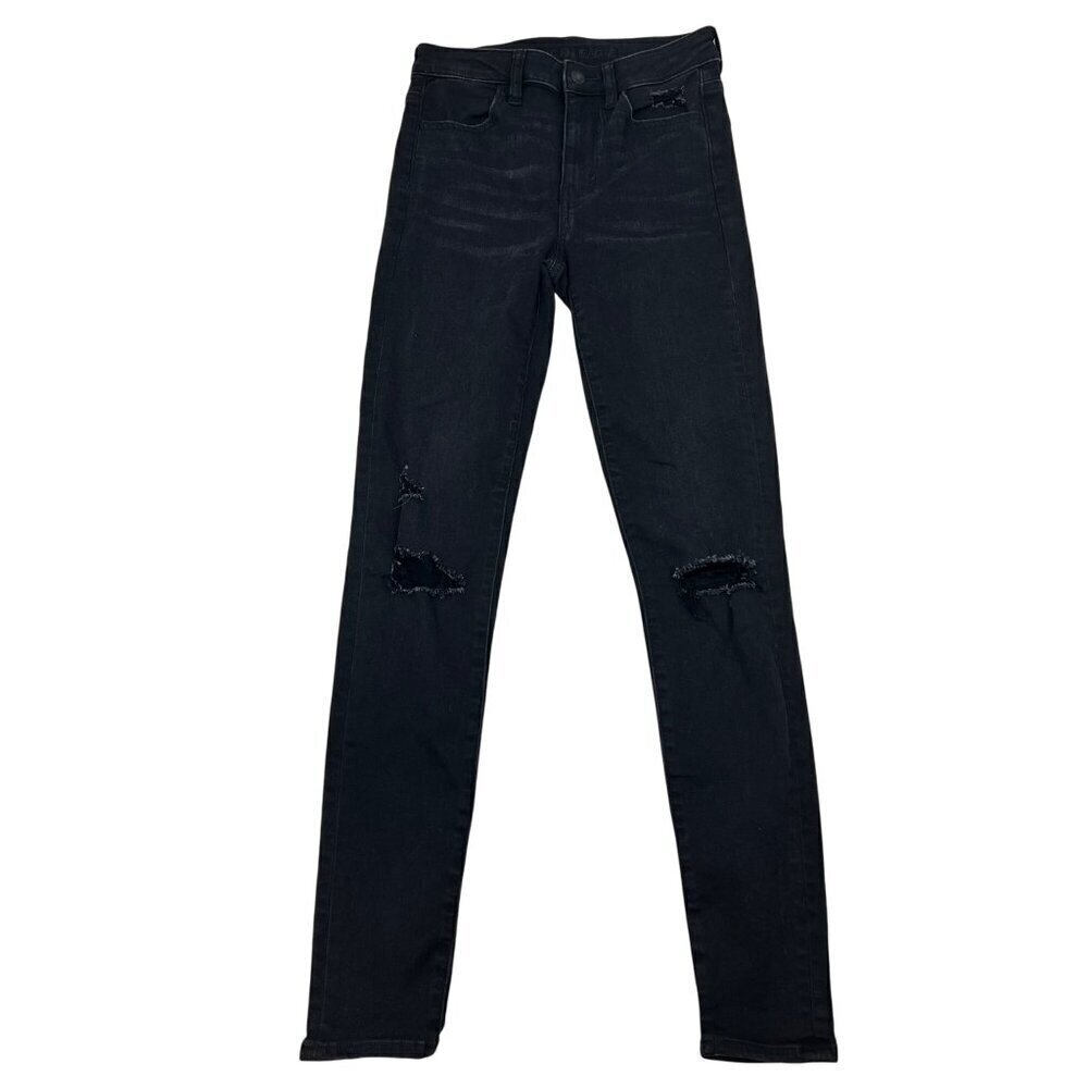 American Eagle Womens Distressed Jeggings Black Size 2 Long